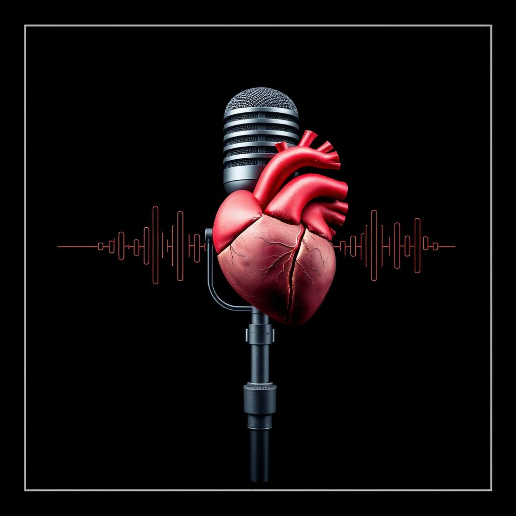 A dark background designed for a podcast, featuring a podcast microphone prominently in the center