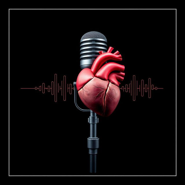 A dark background designed for a podcast, featuring a podcast microphone prominently in the center