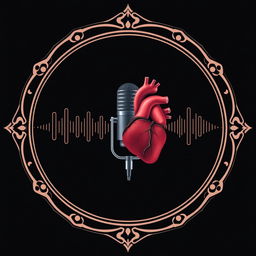 A dark background designed for a podcast, featuring a podcast microphone prominently in the center