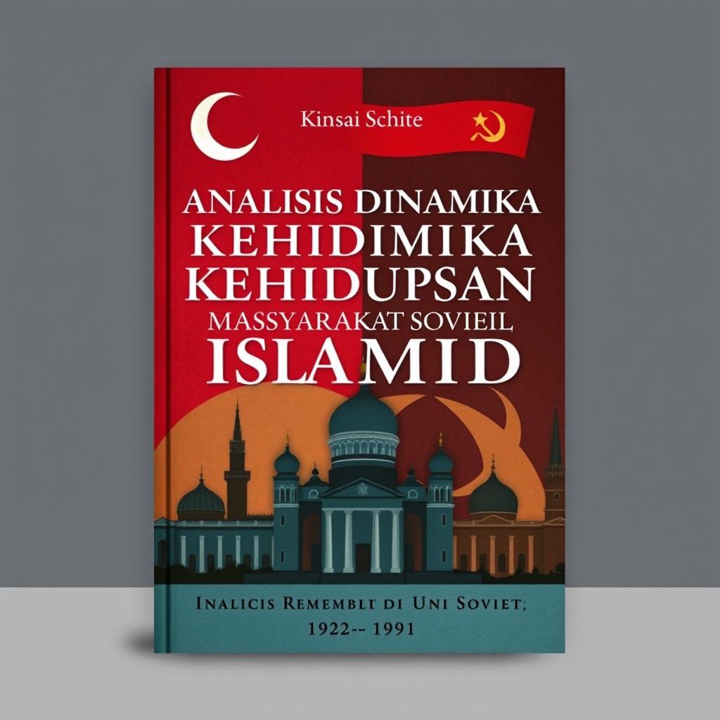 A book cover design for a title "Analisis Dinamika Kehidupan Sosial Masyarakat Islam di Uni Soviet (1922-1991)" featuring a split background that embodies the contrast between Islamic culture and Soviet architecture