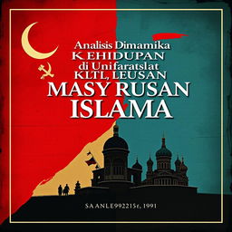 A book cover design for a title "Analisis Dinamika Kehidupan Sosial Masyarakat Islam di Uni Soviet (1922-1991)" featuring a split background that embodies the contrast between Islamic culture and Soviet architecture