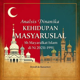 A book cover design for a title "Analisis Dinamika Kehidupan Sosial Masyarakat Islam di Uni Soviet (1922-1991)" featuring a split background that embodies the contrast between Islamic culture and Soviet architecture