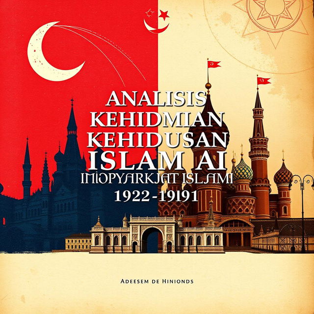 A book cover design for a title "Analisis Dinamika Kehidupan Sosial Masyarakat Islam di Uni Soviet (1922-1991)" featuring a split background that embodies the contrast between Islamic culture and Soviet architecture