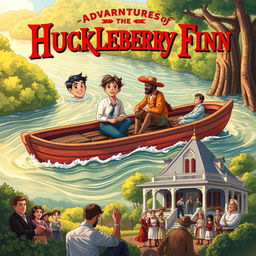 A vibrant illustration depicting key scenes from Mark Twain's 'Adventures of Huckleberry Finn'
