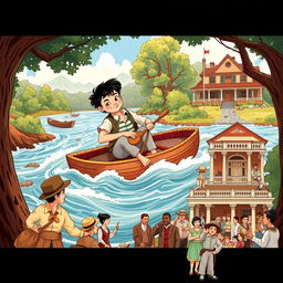 A vibrant illustration depicting key scenes from Mark Twain's 'Adventures of Huckleberry Finn'