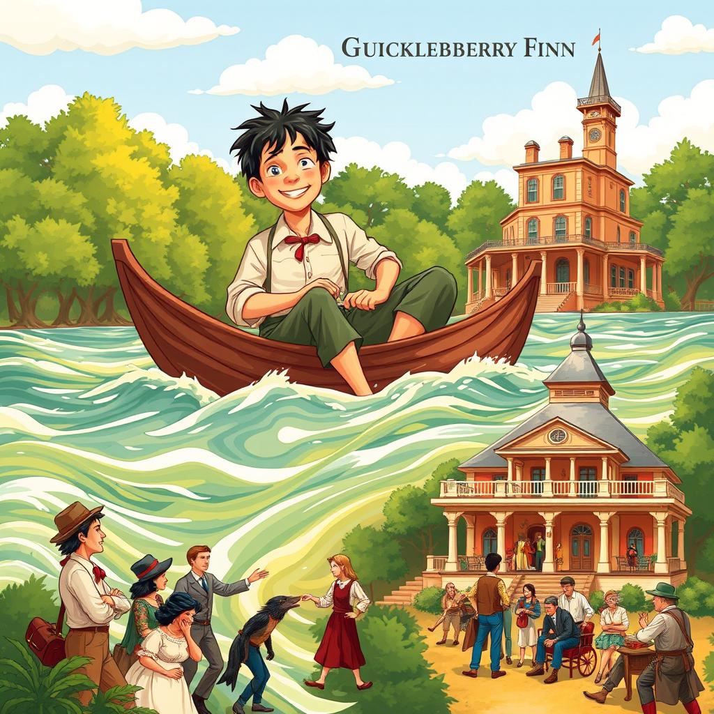 A vibrant illustration depicting key scenes from Mark Twain's 'Adventures of Huckleberry Finn'