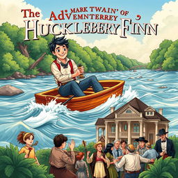 A vibrant illustration depicting key scenes from Mark Twain's 'Adventures of Huckleberry Finn'