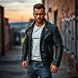 A strong, muscular man with a confident stance, wearing a fitted black leather jacket over a plain white shirt, denim jeans, and rugged boots