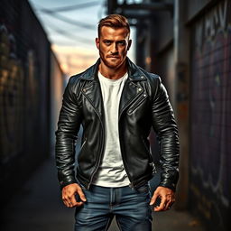 A strong, muscular man with a confident stance, wearing a fitted black leather jacket over a plain white shirt, denim jeans, and rugged boots