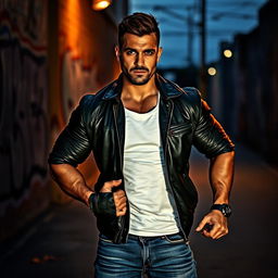 A strong, muscular man with a confident stance, wearing a fitted black leather jacket over a plain white shirt, denim jeans, and rugged boots