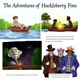 A collage illustrating important scenes from 'The Adventures of Huckleberry Finn'