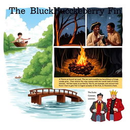A collage illustrating important scenes from 'The Adventures of Huckleberry Finn'