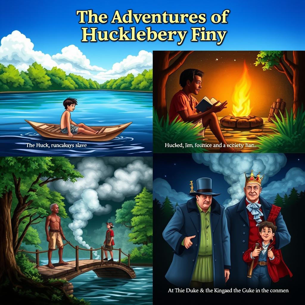 A collage illustrating important scenes from 'The Adventures of Huckleberry Finn'