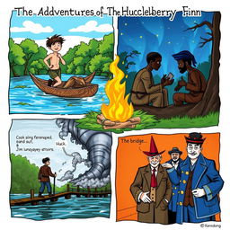 A collage illustrating important scenes from 'The Adventures of Huckleberry Finn'