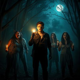 A dark and creepy scene reminiscent of a horror movie set in a desolate forest at night, enveloped in dense fog that adds to the eerie atmosphere