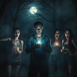 A dark and creepy scene reminiscent of a horror movie set in a desolate forest at night, enveloped in dense fog that adds to the eerie atmosphere