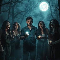 A dark and creepy scene reminiscent of a horror movie set in a desolate forest at night, enveloped in dense fog that adds to the eerie atmosphere