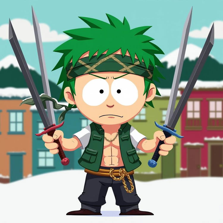 Zoro from One Piece reimagined as a South Park character, featuring his iconic green hair and bandana, holding three swords in his hands in a comedic, exaggerated South Park style