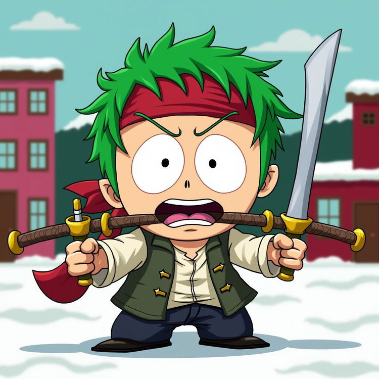 Zoro from One Piece reimagined as a South Park character, featuring his iconic green hair and bandana, with one sword held in his mouth and two swords in his hands, in a comedic, exaggerated South Park style