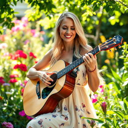 A stunning 40-year-old woman from Mississippi with beautiful blonde hair, passionately playing a Taylor guitar in a vibrant garden