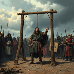 A chilling historical depiction of the gruesome punishment of William Wallace, showcasing the moment he is hanged, drawn, and quartered in 1305