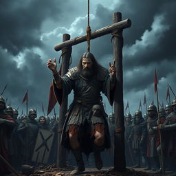 A chilling historical depiction of the gruesome punishment of William Wallace, showcasing the moment he is hanged, drawn, and quartered in 1305