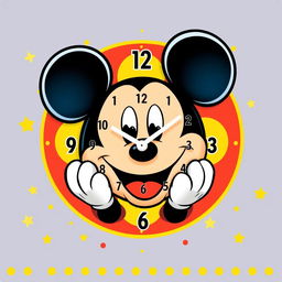 A vibrant and playful wall clock design featuring the iconic face of Mickey Mouse