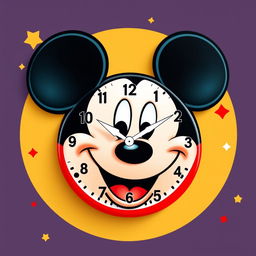A vibrant and playful wall clock design featuring the iconic face of Mickey Mouse