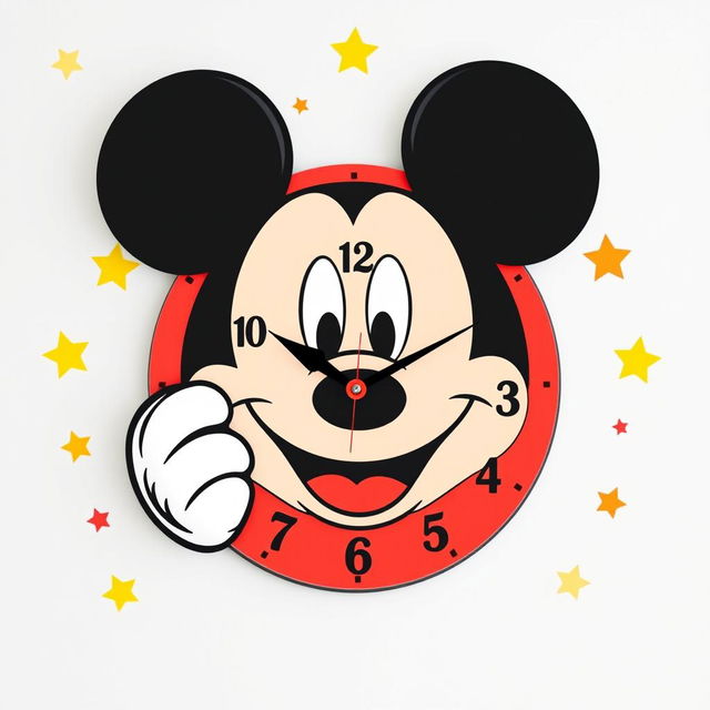 A vibrant and playful wall clock design featuring the iconic face of Mickey Mouse