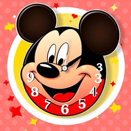 A vibrant and playful wall clock design featuring the iconic face of Mickey Mouse