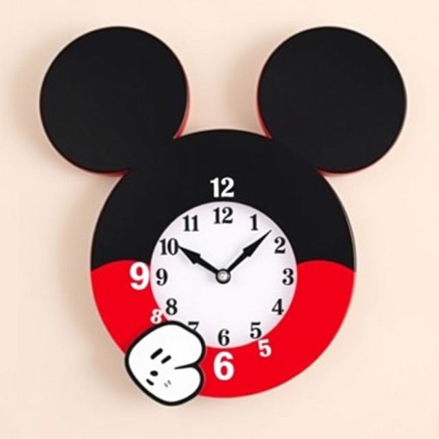 A fun and playful wall clock designed in the shape of Mickey Mouse's face