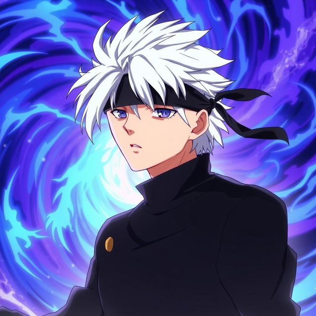 A dynamic action shot of Satoru Gojo from the anime Jujutsu Kaisen, showcasing his iconic white hair and blindfold, standing confidently with an expression of determination