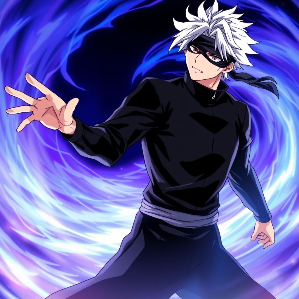 A dynamic action shot of Satoru Gojo from the anime Jujutsu Kaisen, showcasing his iconic white hair and blindfold, standing confidently with an expression of determination