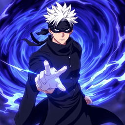 A dynamic action shot of Satoru Gojo from the anime Jujutsu Kaisen, showcasing his iconic white hair and blindfold, standing confidently with an expression of determination
