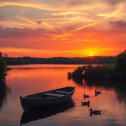 A serene landscape showcasing a vibrant sunset over a tranquil lake surrounded by lush green trees