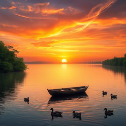 A serene landscape showcasing a vibrant sunset over a tranquil lake surrounded by lush green trees