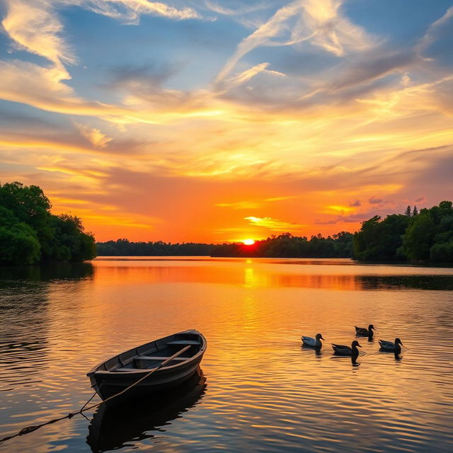 A serene landscape showcasing a vibrant sunset over a tranquil lake surrounded by lush green trees