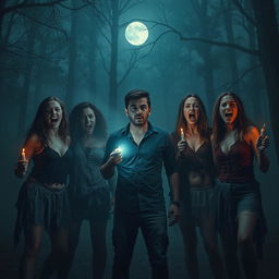 A dark and creepy scene reminiscent of a horror movie set in a desolate forest at night, enveloped in dense fog that adds to the eerie atmosphere