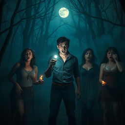 A dark and creepy scene reminiscent of a horror movie set in a desolate forest at night, enveloped in dense fog that adds to the eerie atmosphere