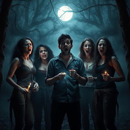 A dark and creepy scene reminiscent of a horror movie set in a desolate forest at night, enveloped in dense fog that adds to the eerie atmosphere