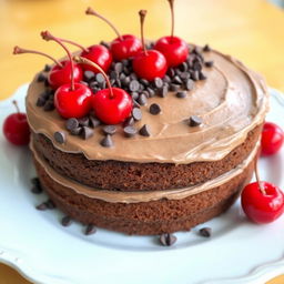 A beautifully decorated cake featuring a rich chocolate cream frosting topped with an abundance of chocolate chips and vibrant red cherries, presented on an elegant white plate
