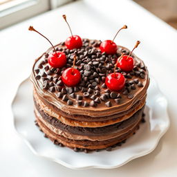A beautifully decorated cake featuring a rich chocolate cream frosting topped with an abundance of chocolate chips and vibrant red cherries, presented on an elegant white plate