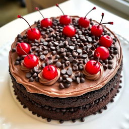 A beautifully decorated cake featuring a rich chocolate cream frosting topped with an abundance of chocolate chips and vibrant red cherries, presented on an elegant white plate