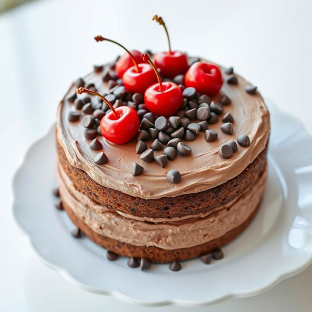 A beautifully decorated cake featuring a rich chocolate cream frosting topped with an abundance of chocolate chips and vibrant red cherries, presented on an elegant white plate