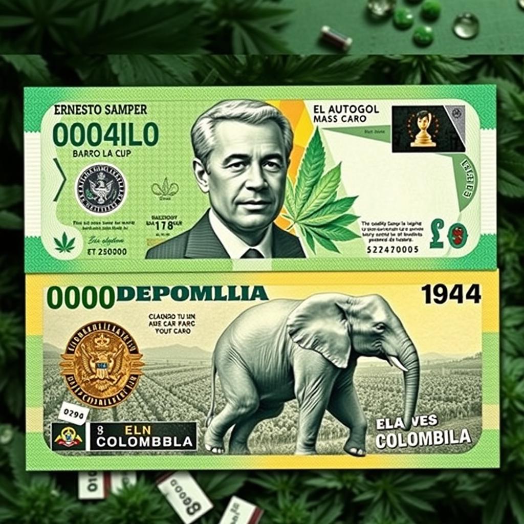 A fictional Colombian banknote design featuring the front and back aspects of the bill