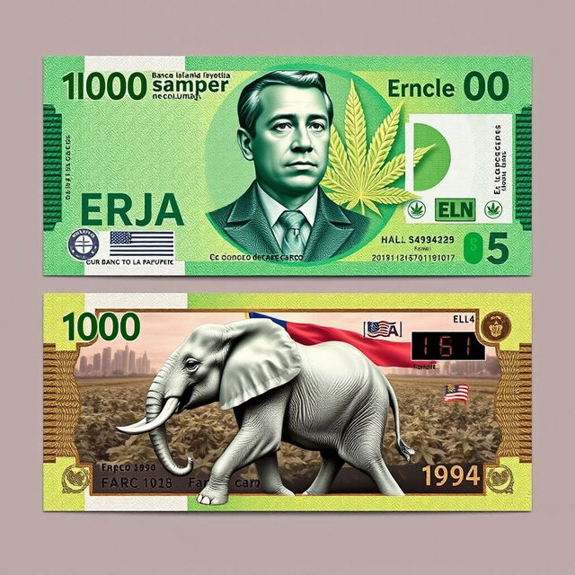 A fictional Colombian banknote design featuring the front and back aspects of the bill