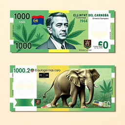A fictional Colombian banknote design featuring the front and back aspects of the bill