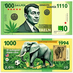 A fictional Colombian banknote design featuring the front and back aspects of the bill