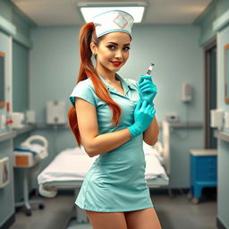 A sexy nurse girl in a short aqua green nurse dress featuring a big neckline and a mini skirt