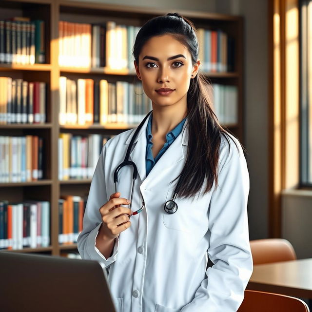 A female medical student in a university setting, wearing a white lab coat and holding a stethoscope